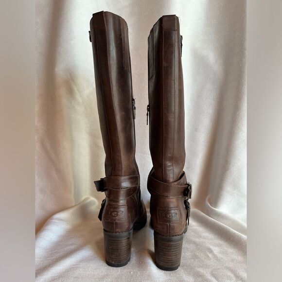 UGG Lana Brown Leather & Shearling Biker Boot, knee high, zipper & buckle size 7 - Picture 6 of 13